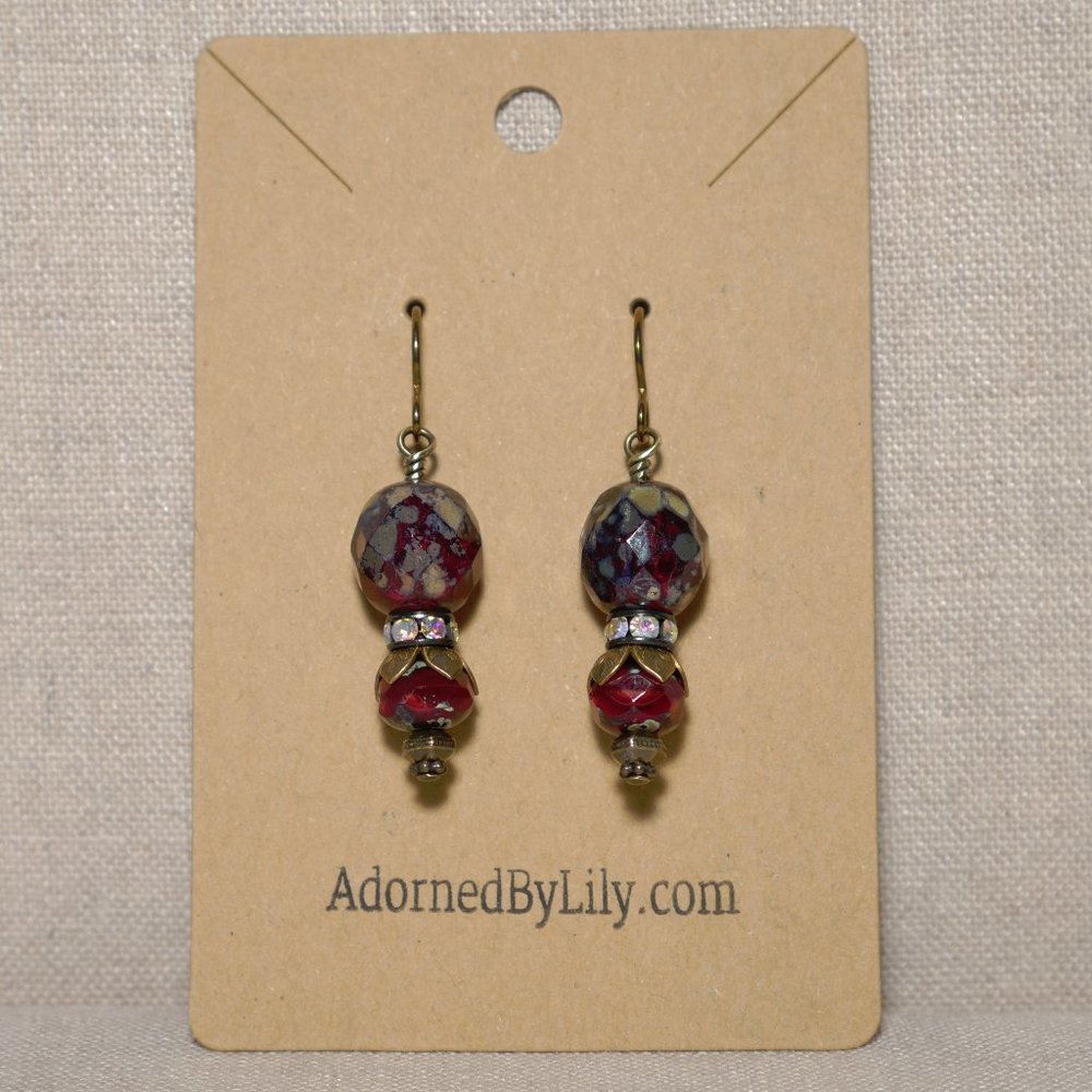 Hand Crafted Handmade Earrings Red Czech Glass & Rhinestone Long Earrings - Picture 2 of 4